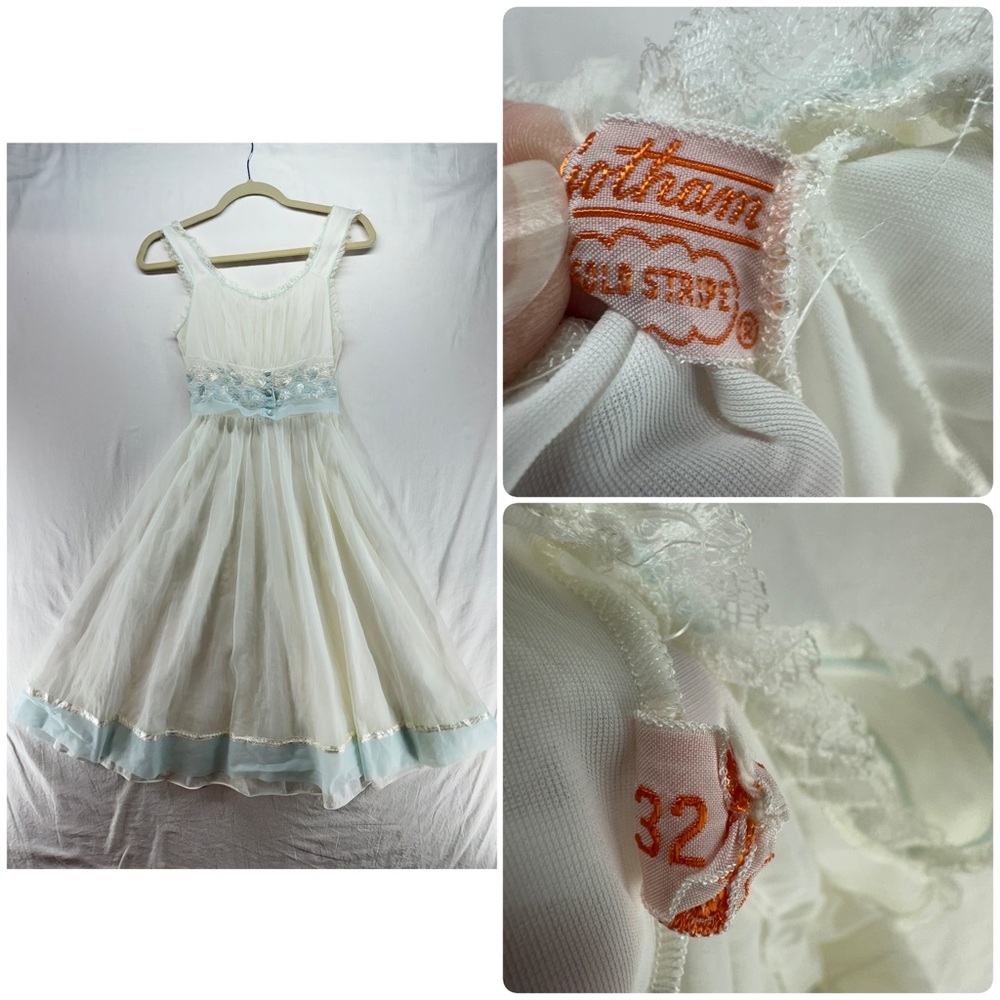 GOTHAM GOLD STRIPE Vintage Nightgown Robe Set Chiffon & Nylon White & Blue 32/S - Picture 3 of 16
